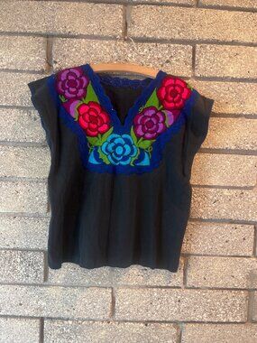 Handmade Black Top With Colorful Floral Embroidery & Blue Lace Trim